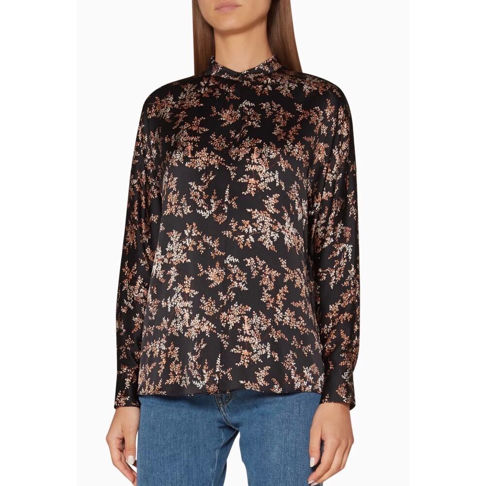0189 Vince Eden Leaf Branch Silk Popover Blouse Small